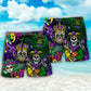 Mardi Gras Skull Green Beach Shorts Pattern Detail For Weekend Travel And Laid Back Daily Wear