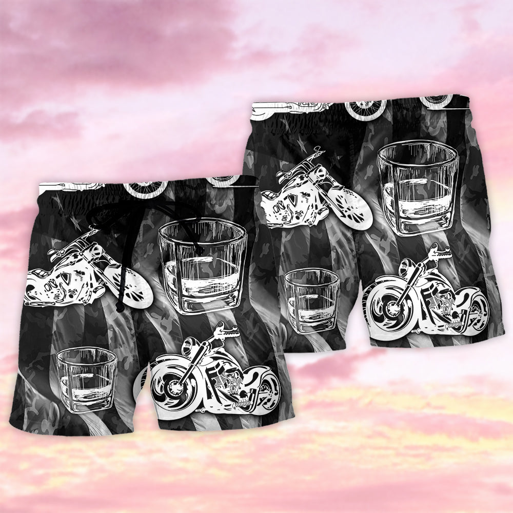 Motorcycle And Whiskey Lover Beach Shorts Artwork View For Seaside Trips And Casual Style