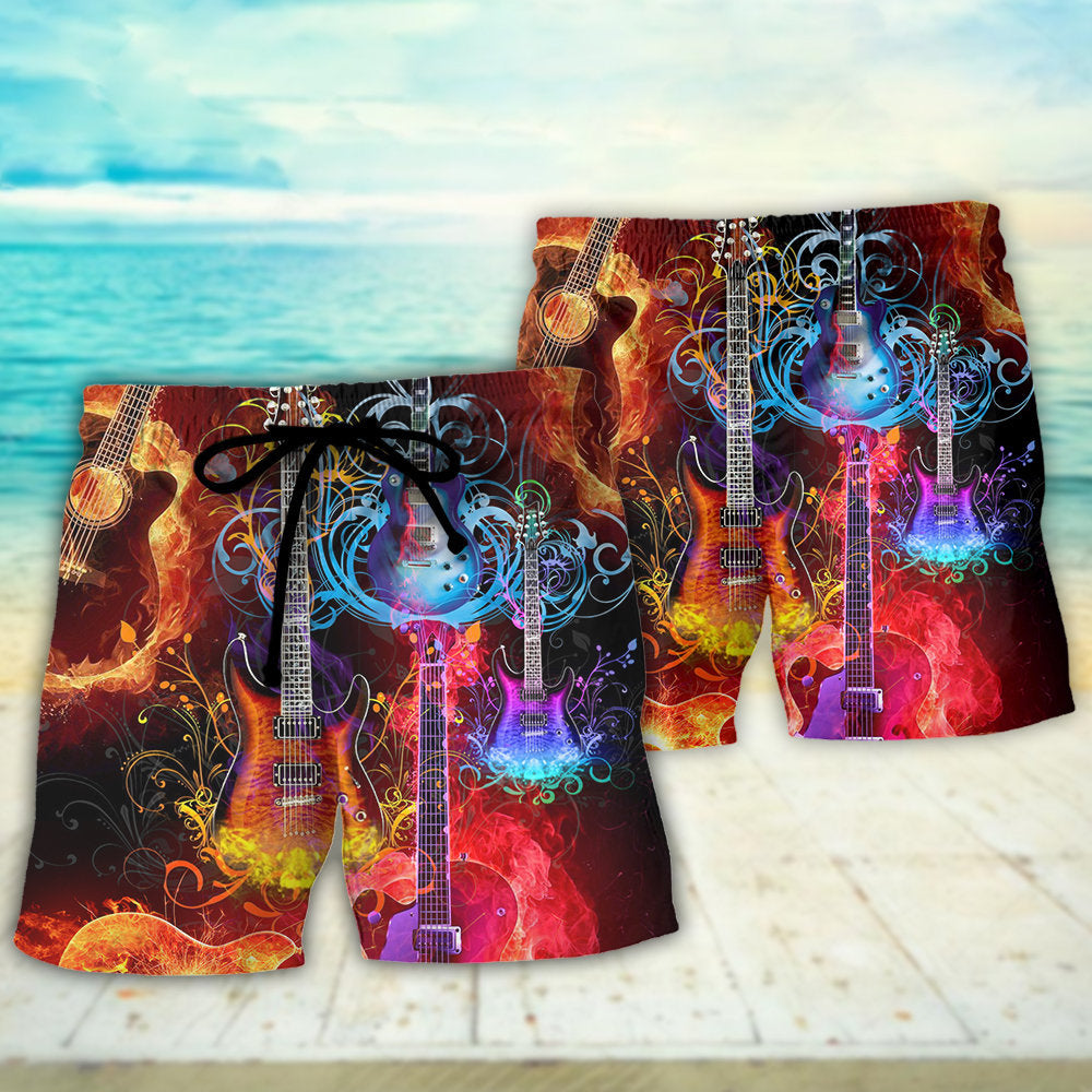 Acoustic Guitar Colorful Music Lover Beach Shorts Pattern View For Resort Days And Outdoor Activities