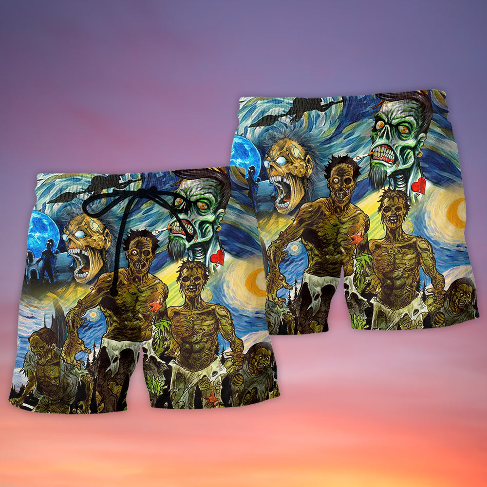 Funny Halloween Zombie Starry Night Beach Shorts Design View For Poolside Relaxation And Holiday Trips