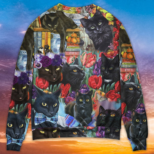 Black Cat With Floral Sweater For Nature Inspired Fashion Events And Relaxed Everyday Comfort