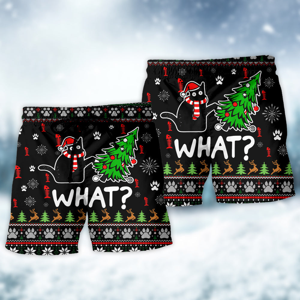 Ugly Funny Cat Christmas Tree Chaos Beach Shorts Artwork Detail For Comfortable Everyday Summer Wear