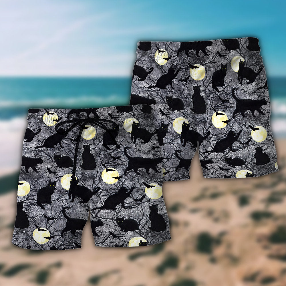 Halloween Black Cat Moon Beach Shorts Pattern Detail For Weekend Travel And Comfortable Daily Wear