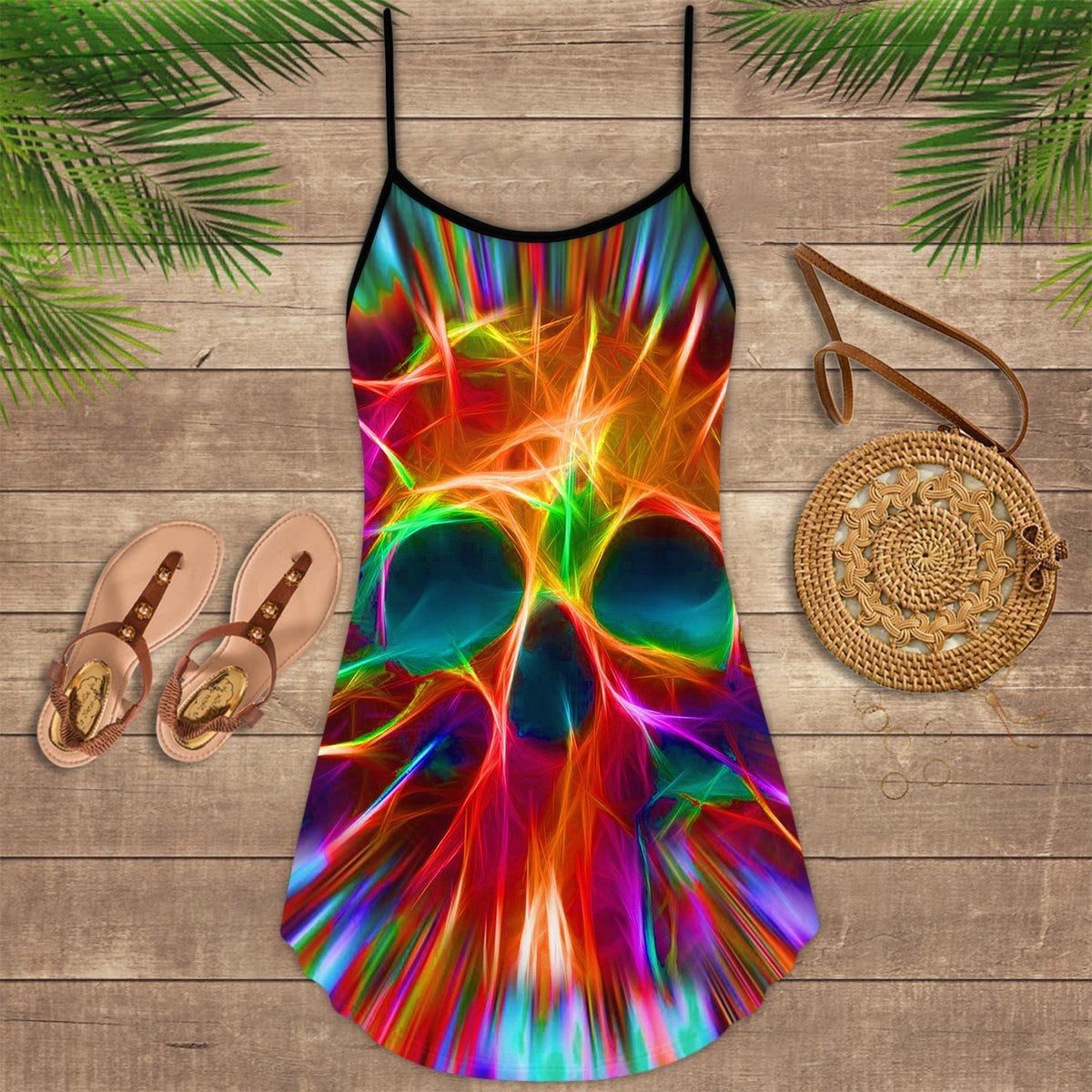 Skull Rainbow Color Love V-Neck Sleeveless Cami Dress For Travel And Expressive Warm Weather Fashion