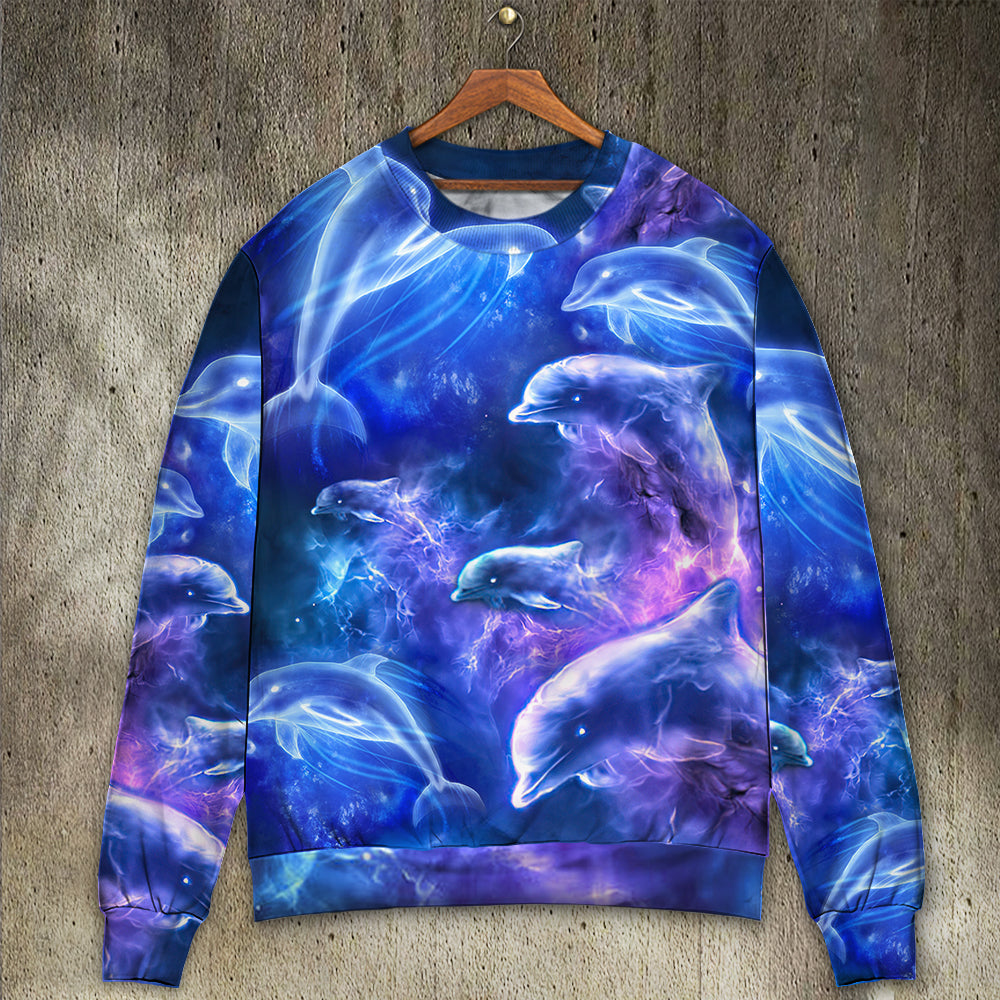 Dolphin Galaxy Neon Glow Sweater For Seaside Adventures Outdoor Events And Relaxed Daily Style