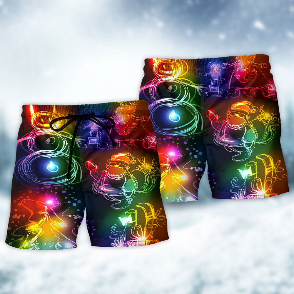 Santa Tree Snowman Neon Christmas Beach Shorts Pattern View For Coastal Holidays And Casual Activities