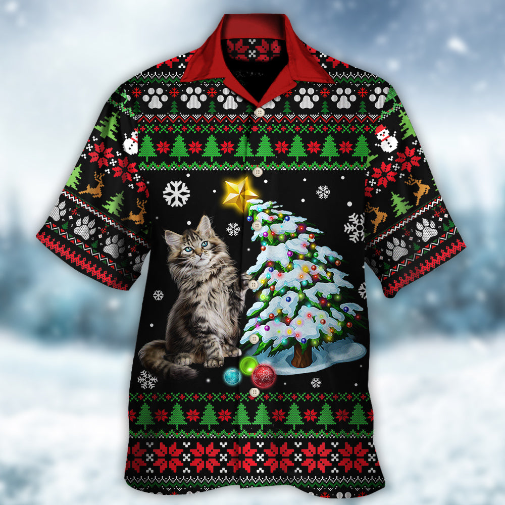 Funny Cat Wreck Tree Light Ugly Christmas Hawaiian Shirt For Warm Weather Adventures And Everyday Comfort