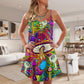 Hippie Mushroom Hypnotic Art V-Neck Sleeveless Cami Dress For Festivals Vacations And Relaxed Artistic Styling