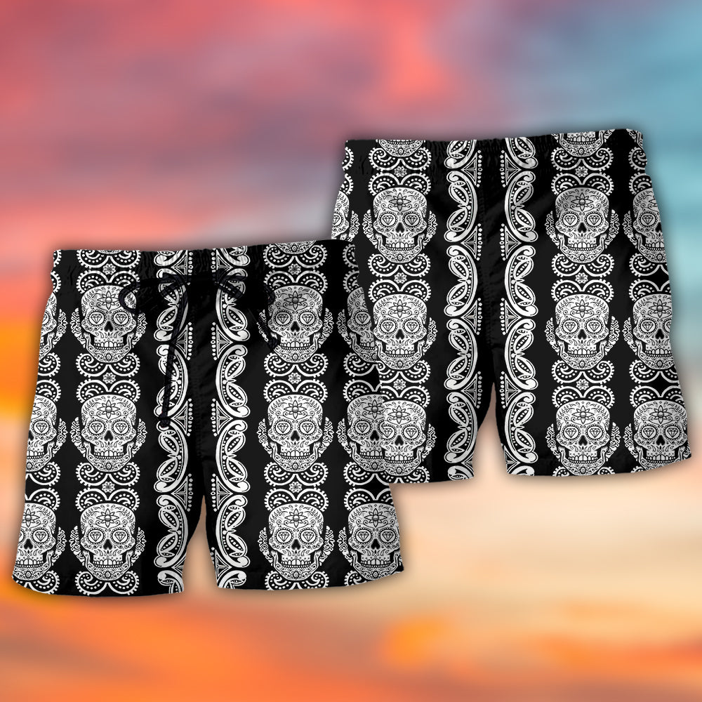 Skull Diamond Black White Pattern Beach Shorts Design Detail For Spooky Season Travel