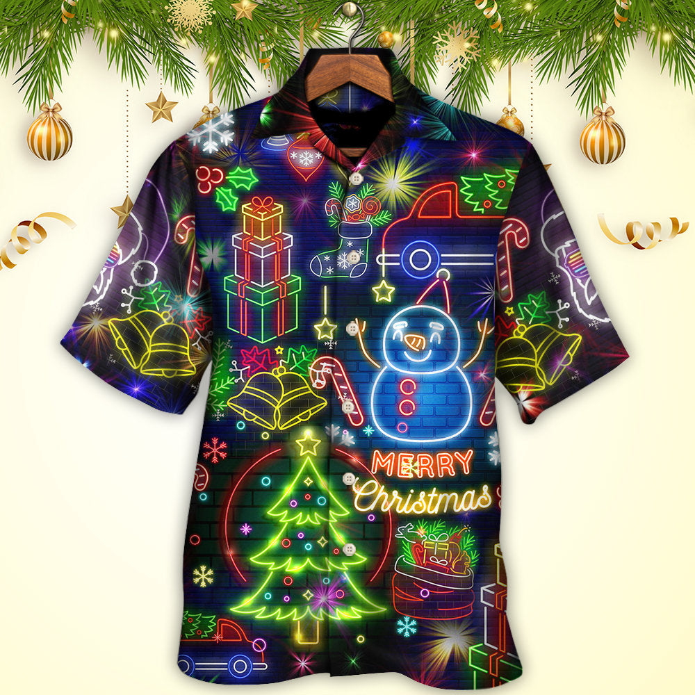 Neon Christmas Bright Lighting Hawaiian Shirt Artwork Detail For Resort Trips And Outdoor Activities