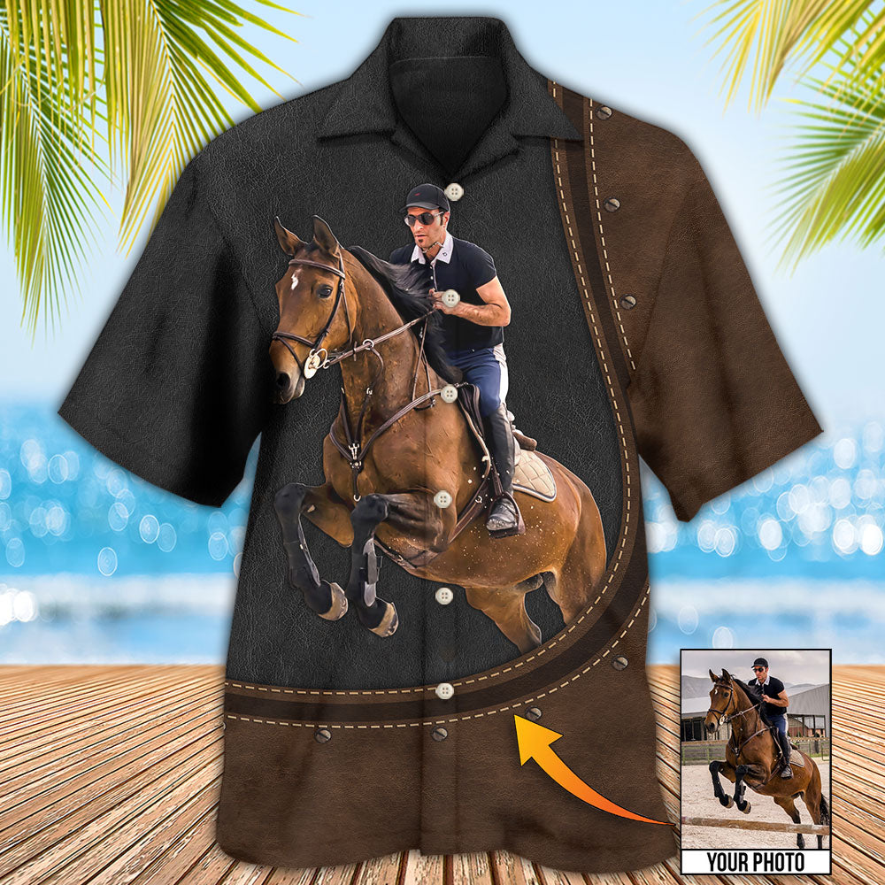 Horse Riding Leather Custom Photo Hawaiian Shirt Artwork Detail For Tropical Trips And Casual Outings