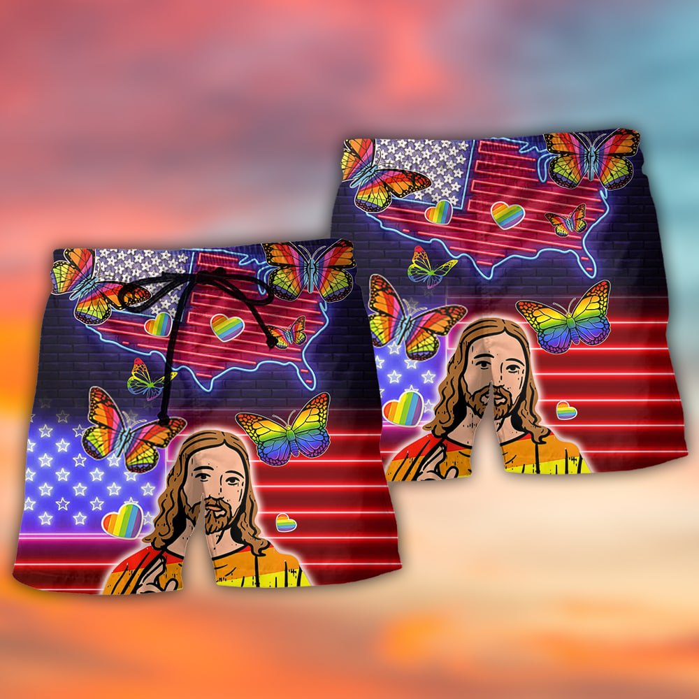 LGBT Pride Independence Day Neon Beach Shorts Pattern Detail For Sunny Outdoor Activities
