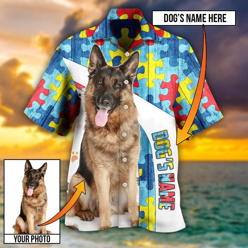German Shepherd Strong Dog Personalized Photo Hawaiian Shirt Fabric Pattern Detail For Resort Wear