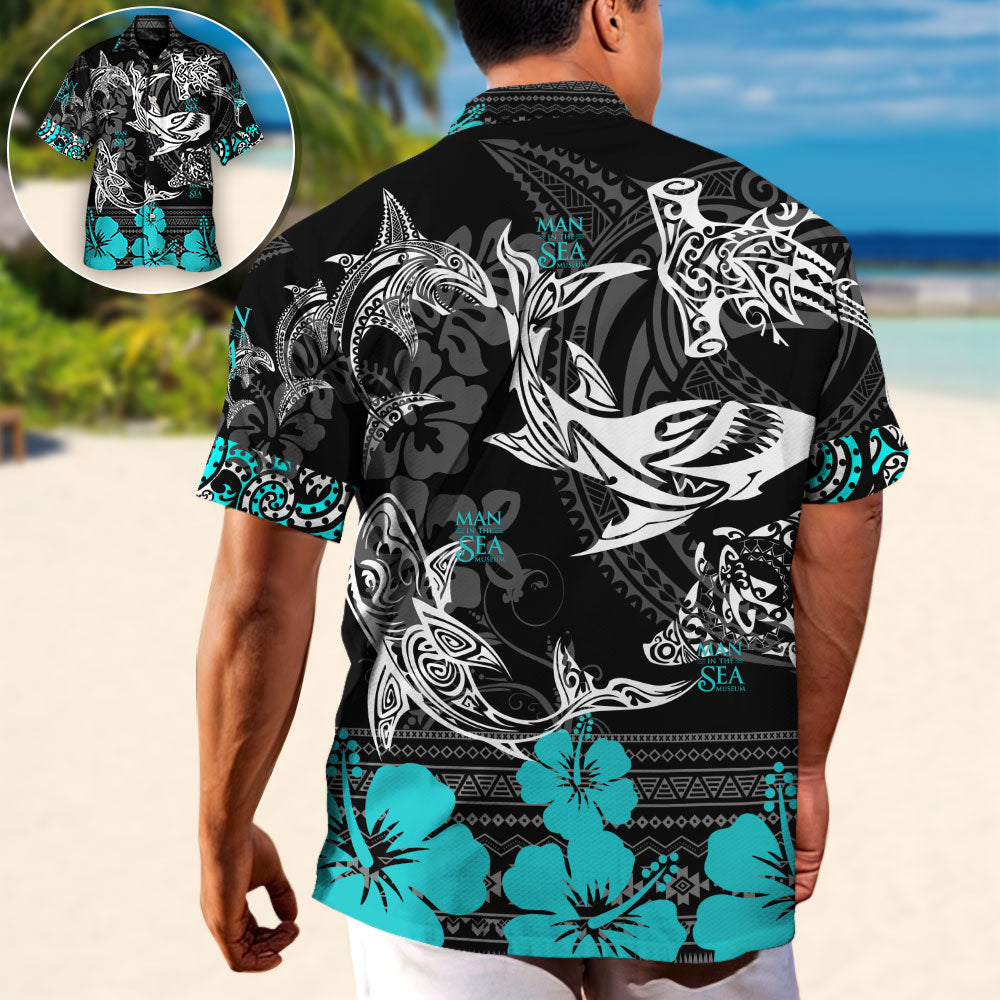 Shark Creative Pattern Hawaiian Shirt For Island Vacations, Resort Wear, And Relaxed Seasonal Style