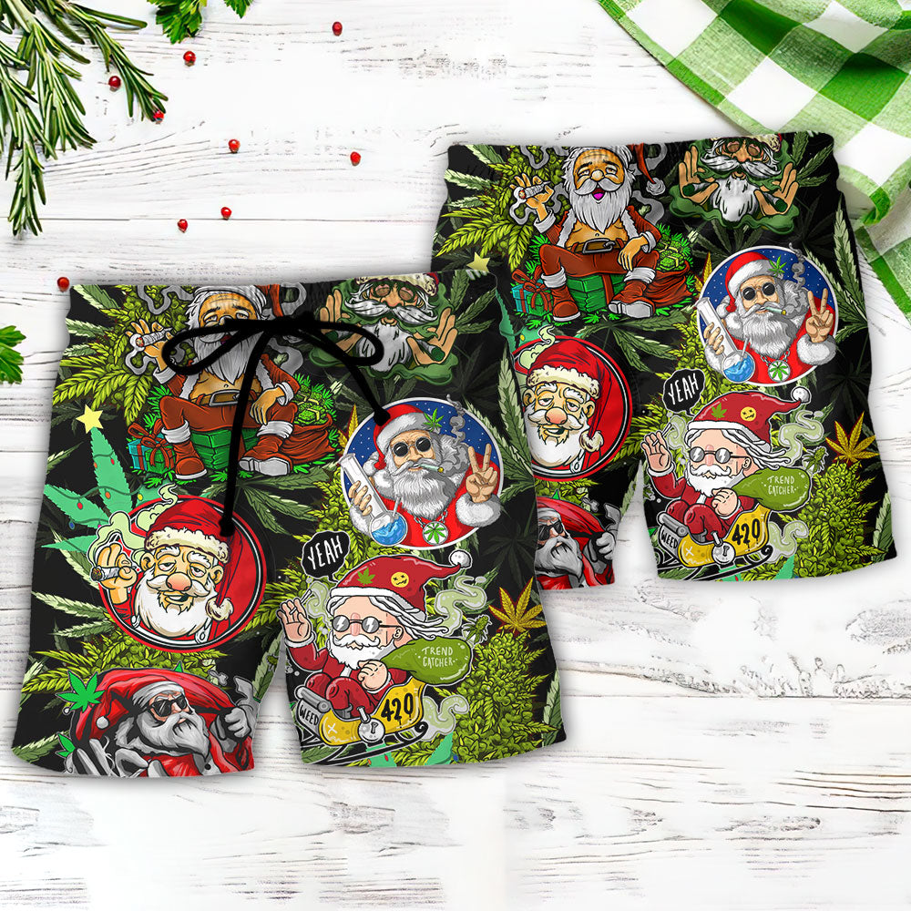 Christmas Hippie BBQ Smoking Santa Beach Shorts Pattern Detail For Casual Outings And Weekend Casual Style
