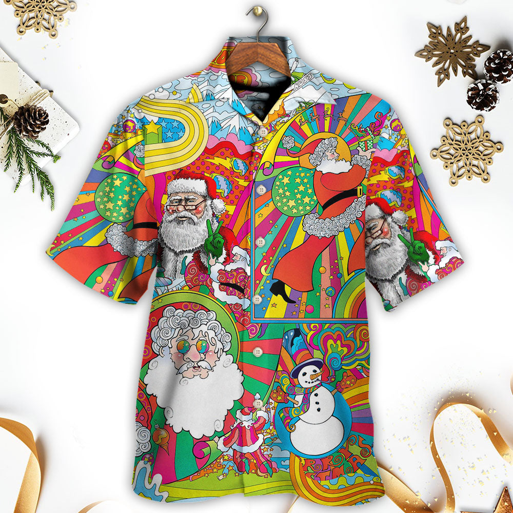 Festive Hippie Santa Christmas Hawaiian Shirt Detailed Pattern View For Weekend Trips