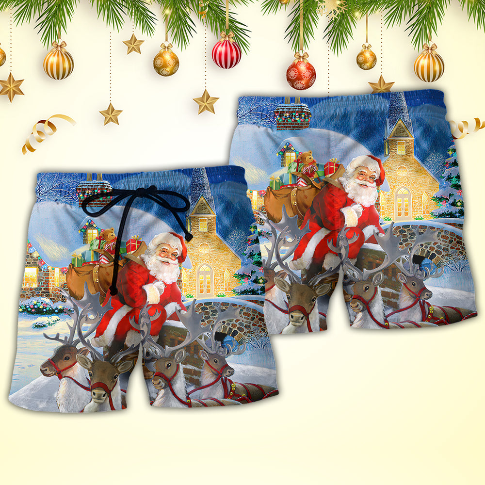 Christmas Santa Reindeer Holiday Beach Shorts Pattern View For Vacation Travel And Outdoor Fun