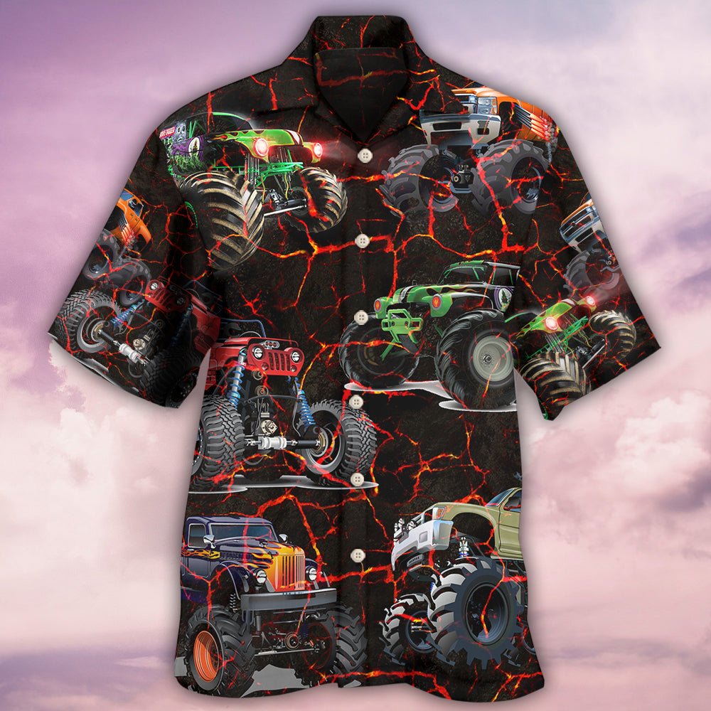 Creative Monster Truck Lava Action Hawaiian Shirt For Island Vacations, Resort Wear, And Relaxed Seasonal Style