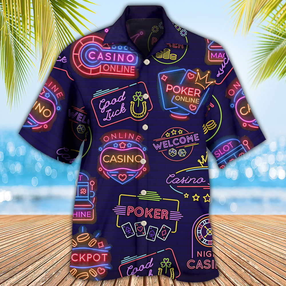 Neon Game Card Casino Night Hawaiian Shirt For Summer Vacation And Beach Travel