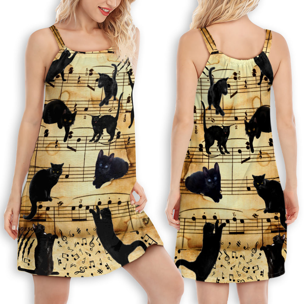 Cat Love Music Note V-Neck Sleeveless Cami Dress For Parties And Relaxed Warm Weather Outfits
