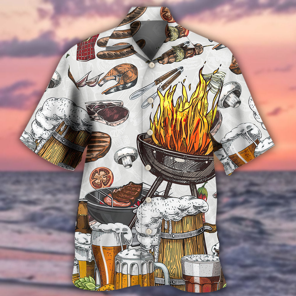 BBQ Grill Beer Hawaiian Shirt Fabric Pattern Detail For Casual Outings