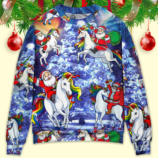 Christmas Santa Riding Unicorn Rainbow Night Sweater For Winter Parties Seasonal Adventures And Relaxed Everyday Styling