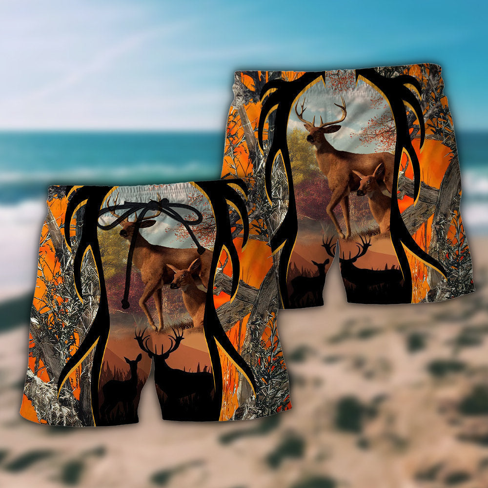 Hunting Deer Orange Camo Outdoor Beach Shorts Pattern Detail For Relaxed Weekends And Easygoing Coastal Style