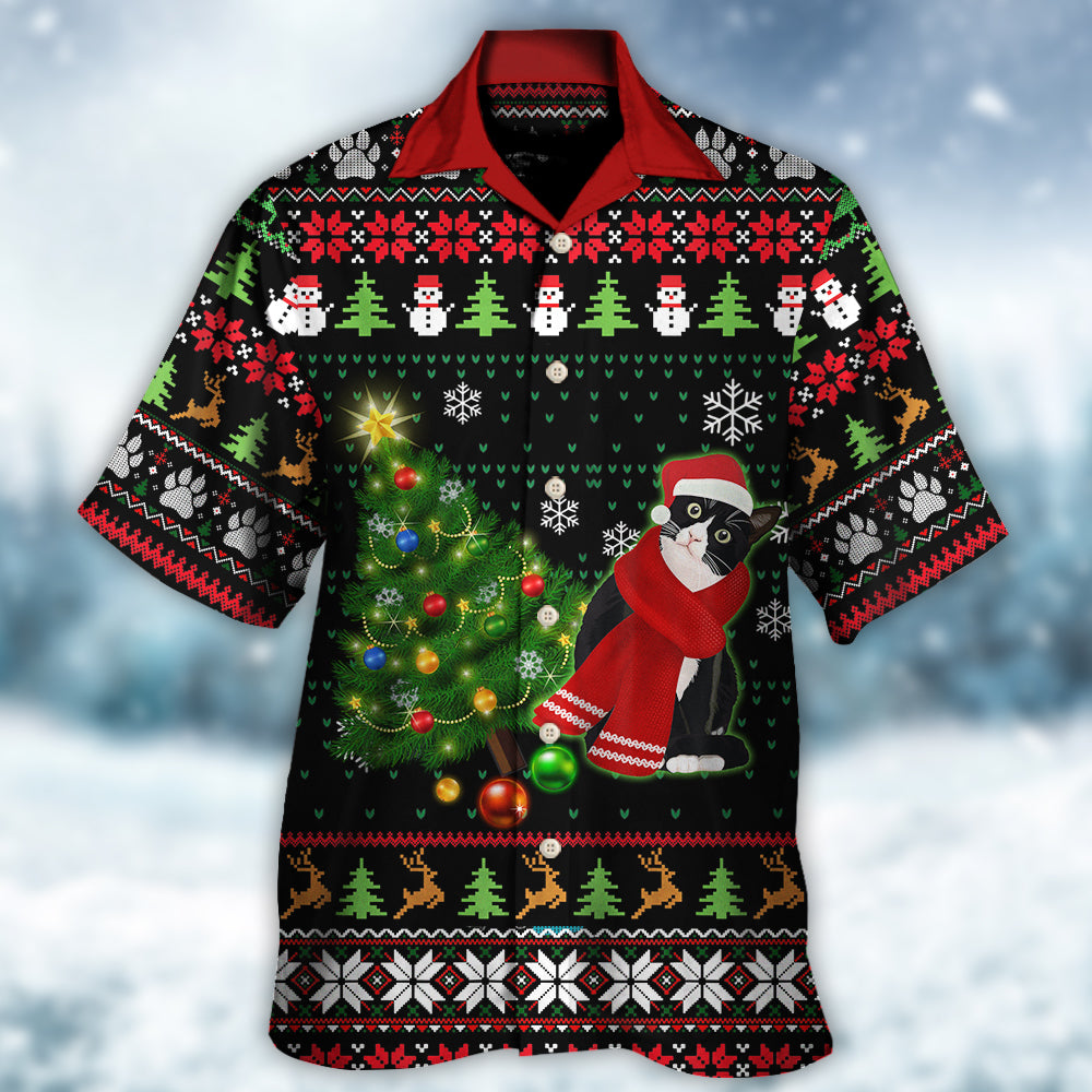 Happy Cat Wreck Tree Ugly Christmas Hawaiian Shirt Pattern View For Relaxed Warm Weather Outfits