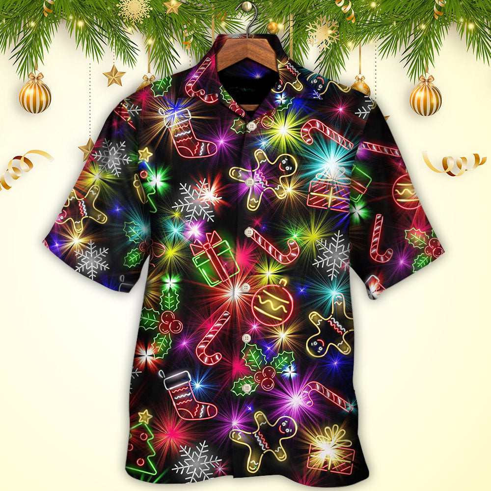 Neon Christmas Tree Gifts Gingerbread Hawaiian Shirt For Poolside Relaxation And Sunny Getaways