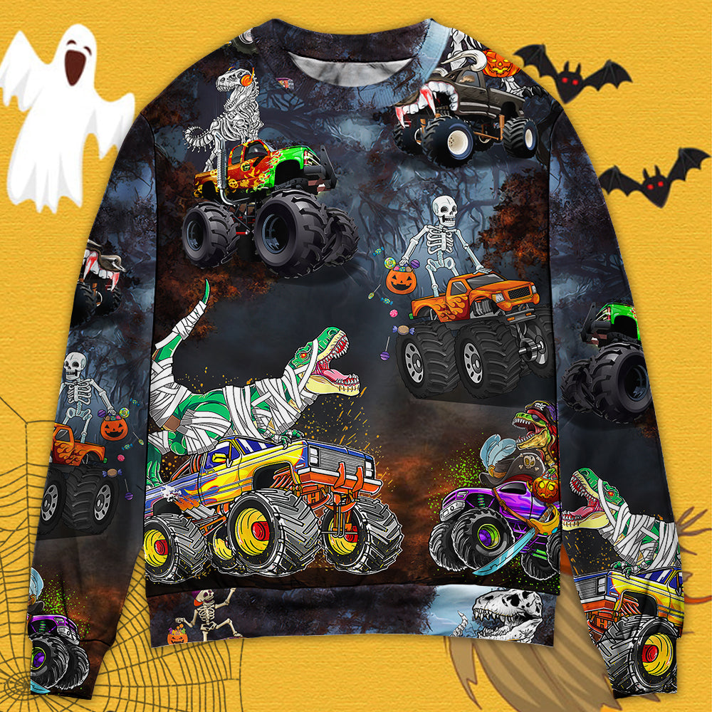 Halloween Skeleton Dinosaur Monster Truck Sweater For Art Lovers Holidays Parties And Comfortable Wear