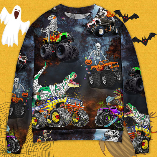 Halloween Skeleton Dinosaur Monster Truck Sweater For Art Lovers Holidays Parties And Comfortable Wear