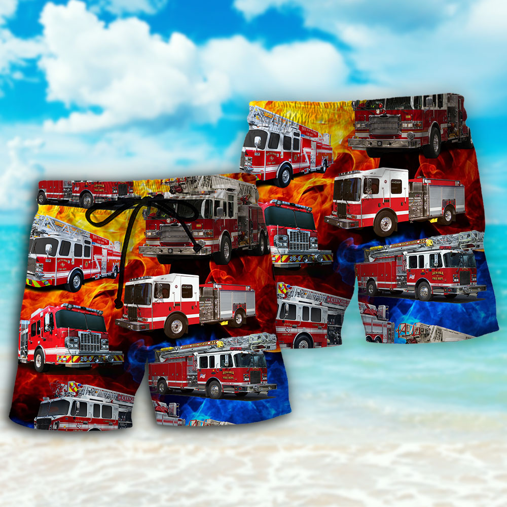 Fire Truck Firefighter Life Tribute Beach Shorts Pattern View For Vacation Travel And Outdoor Fun