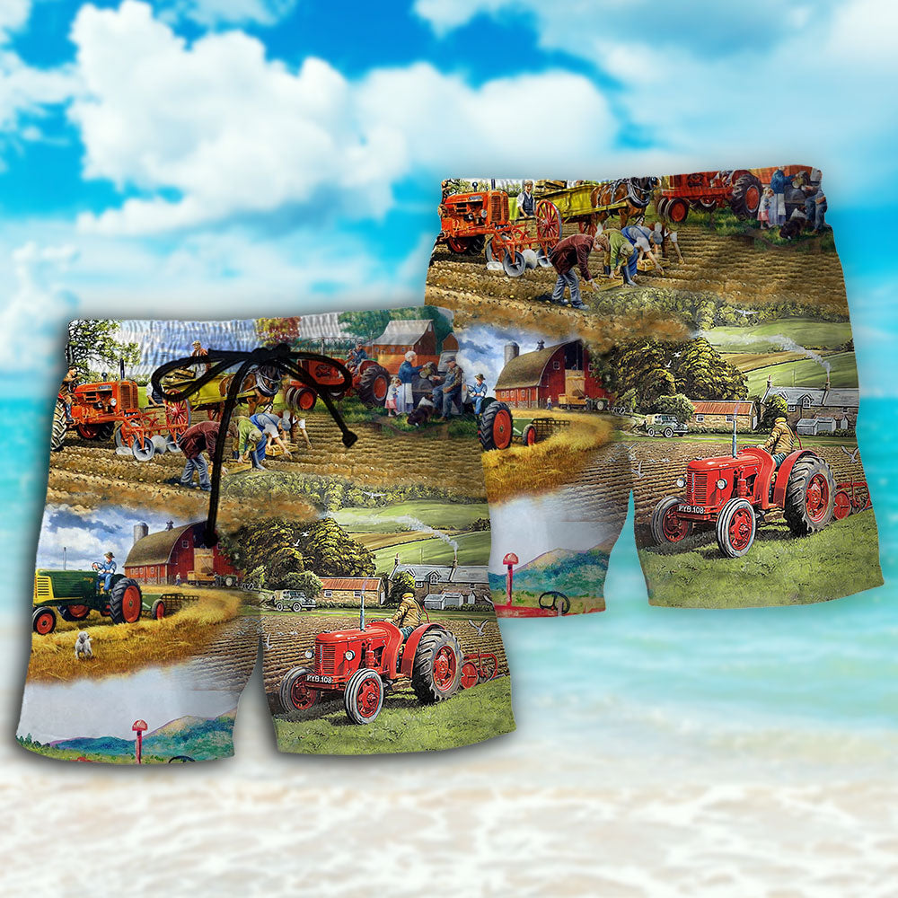 Farm Tractor Painting Rustic Beach Shorts Pattern Detail For Relaxed Warm Weather Outfits