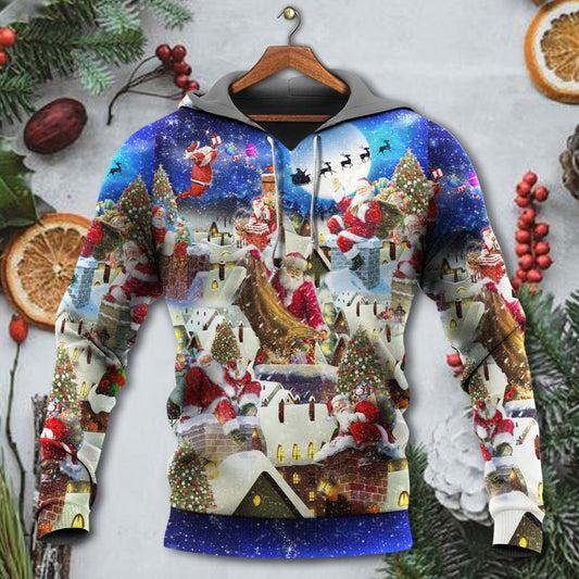 Christmas Rooftop Santa Reindeer Night Hoodie For Festive Streetwear Winter Outings And Christmas Celebrations