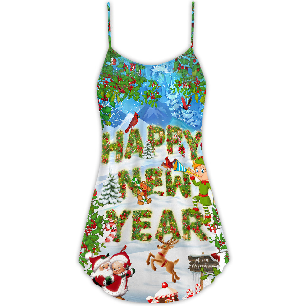 Christmas Happy New Year Snow V-Neck Sleeveless Cami Dress For Festive Events And Casual Summer Styling