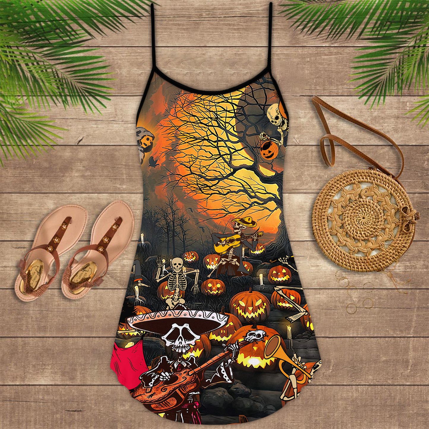 Halloween Skull Darkness Night V-Neck Sleeveless Cami Dress For Gothic Events And Relaxed Casual Wear