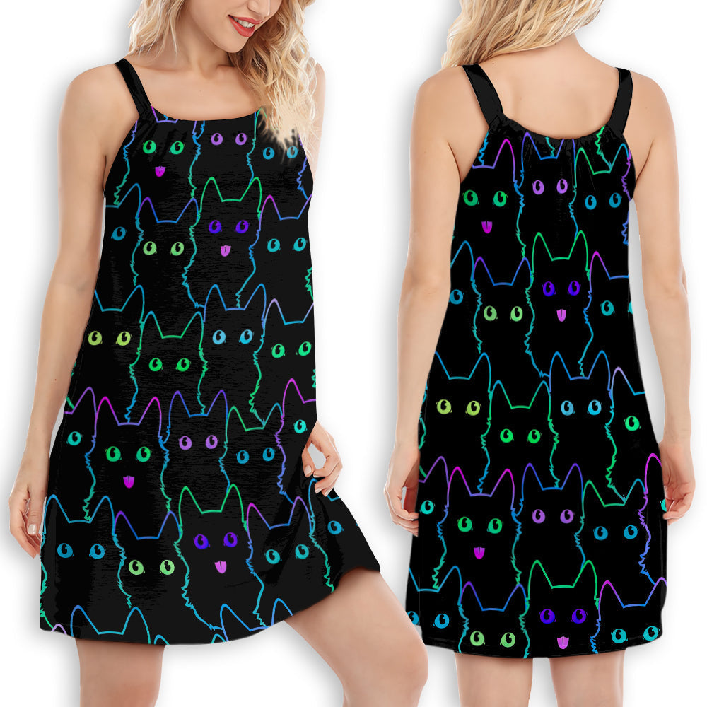 Cat Cute Neon V-Neck Sleeveless Cami Dress For Festivals And Relaxed Daily Fashion
