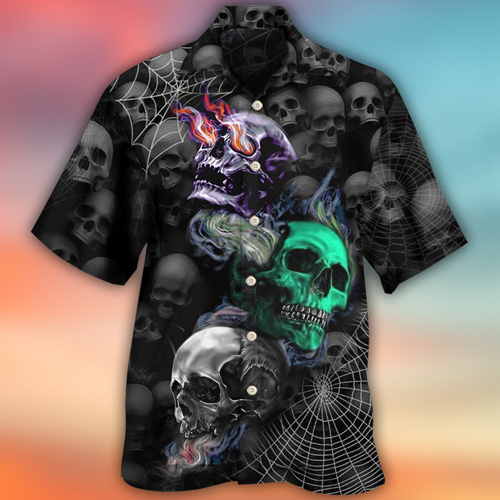 Dark Colorful Skull Burning Hawaiian Shirt Pattern Detail For Vacation Travel And Daily Wear