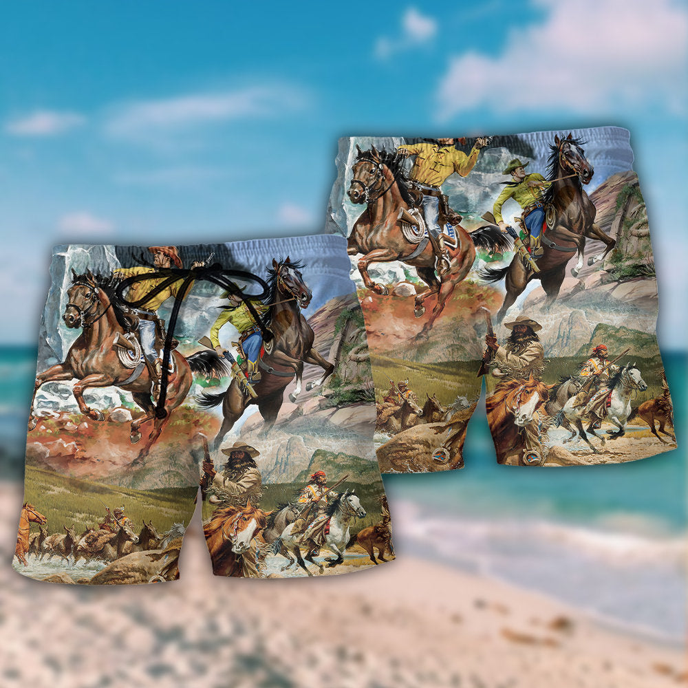 Cowboy Shooting On Horseback Desert Western Beach Shorts Pattern Detail For Relaxed Warm Weather Outfits