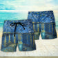 Starry Night Cat Artistic Beach Shorts Artwork Detail For Comfortable Everyday Summer Wear