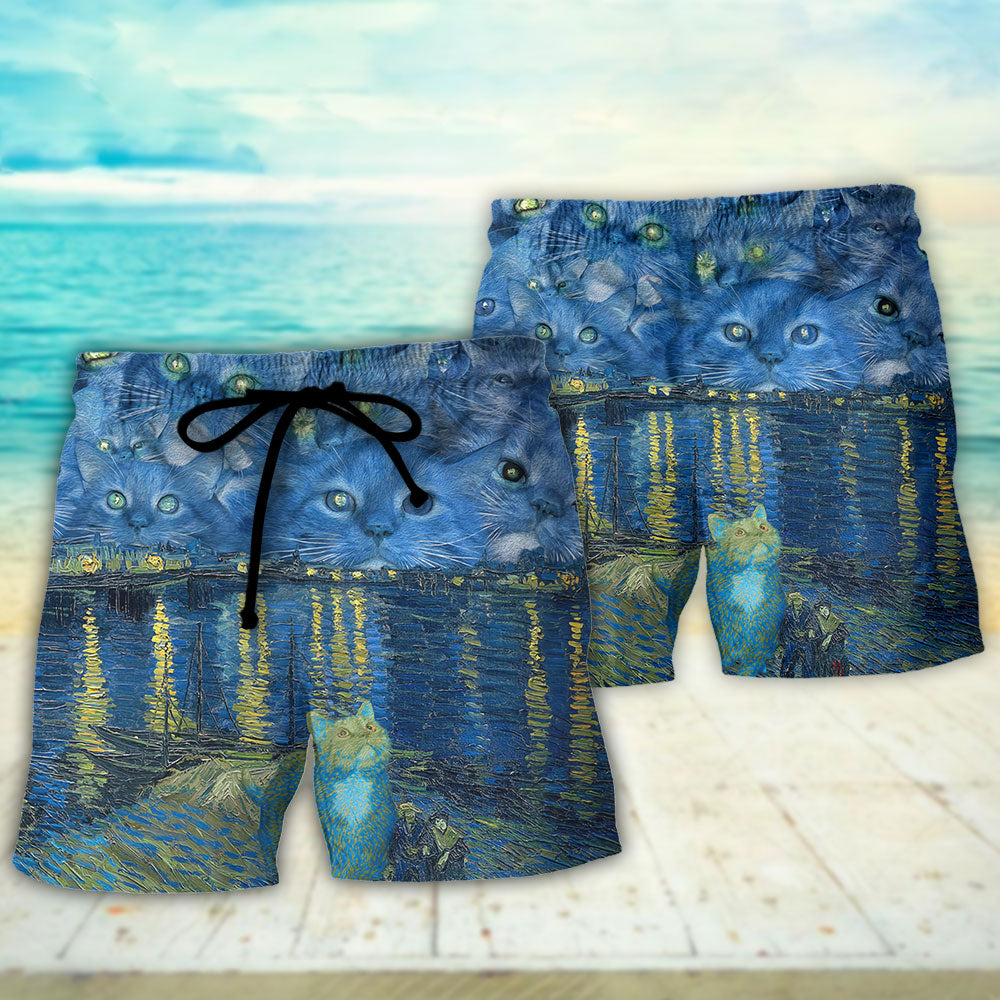 Starry Night Cat Artistic Beach Shorts Artwork Detail For Comfortable Everyday Summer Wear