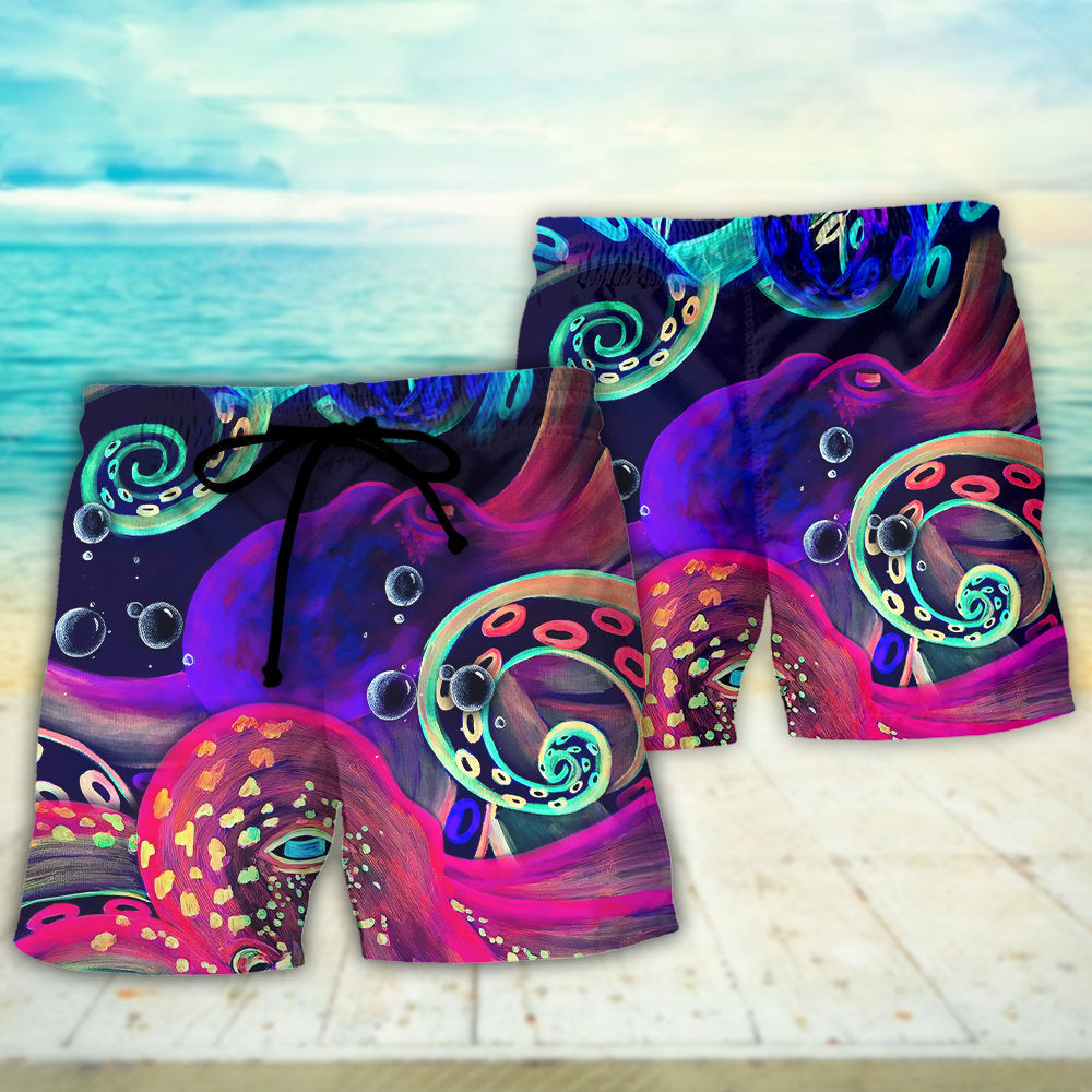 Neon Octopus Under The Sea Beach Shorts Pattern View For Vacation Travel And Outdoor Fun