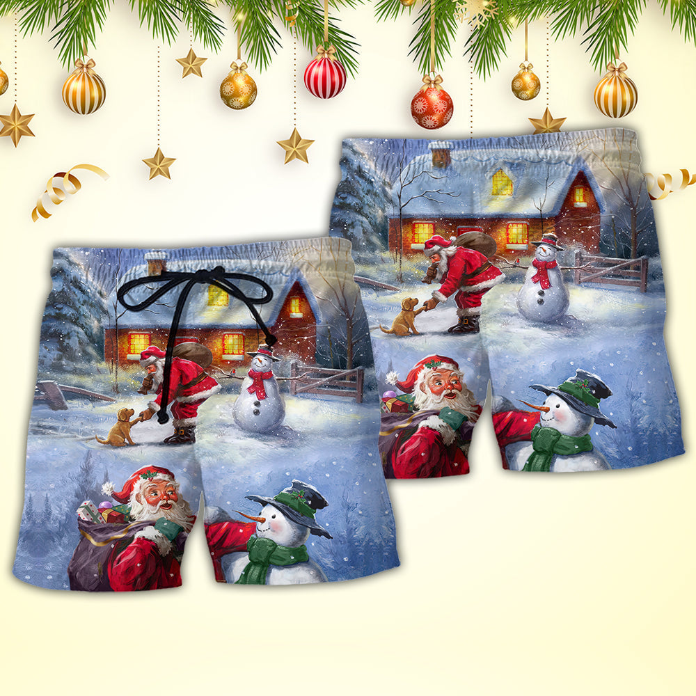 Christmas Santa And Snowman Village Gift Beach Shorts Design Detail For Seasonal Resort Style