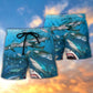 Sharks Hunting Together Ocean Life Beach Shorts Pattern View For Resort Days And Outdoor Activities