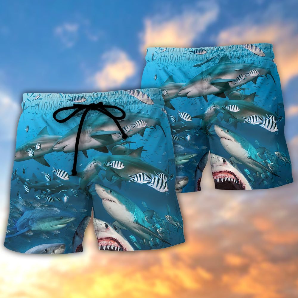 Sharks Hunting Together Ocean Life Beach Shorts Pattern View For Resort Days And Outdoor Activities