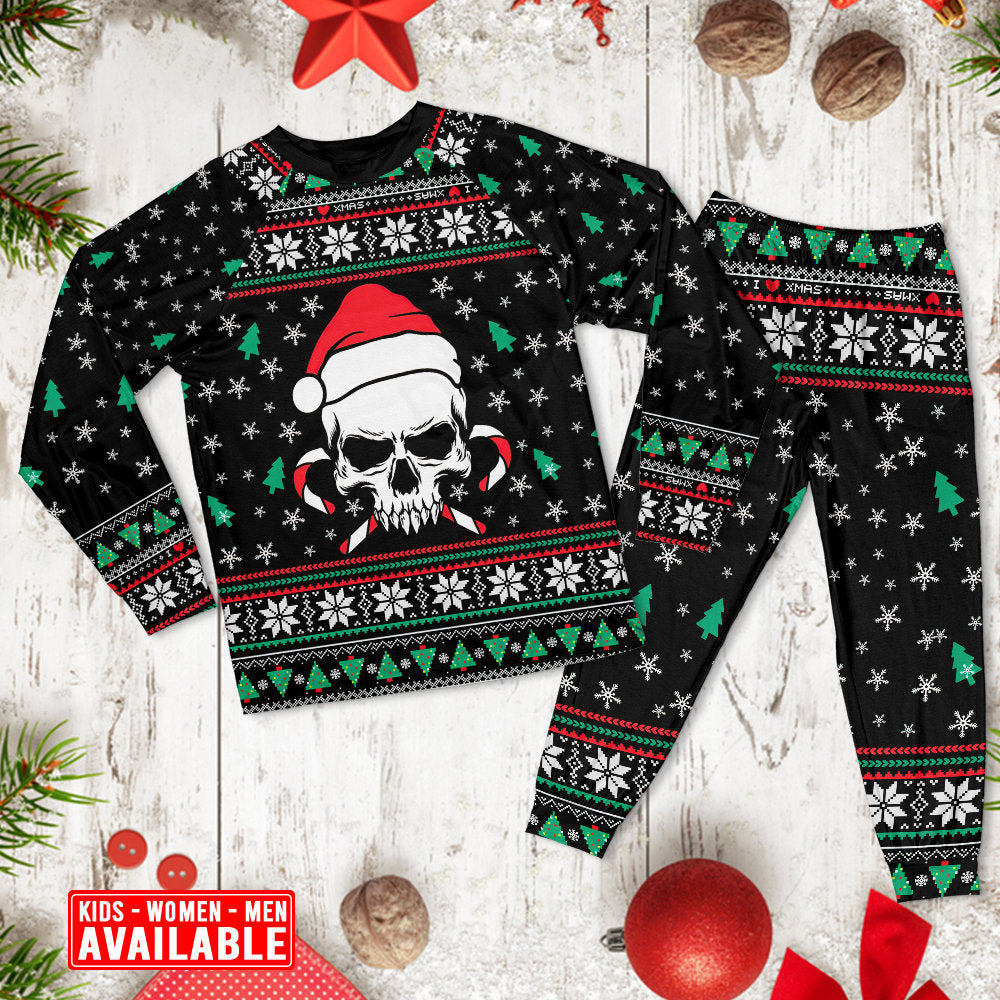 Skull In Santa Hat With Holiday Candy Long Sleeve Pajamas Set For Christmas Mornings And Relaxed Lounging