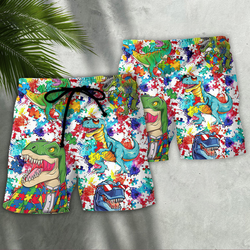 Autism Dinosaur Colorful Design Beach Shorts For Animal Lover Vacation Wear