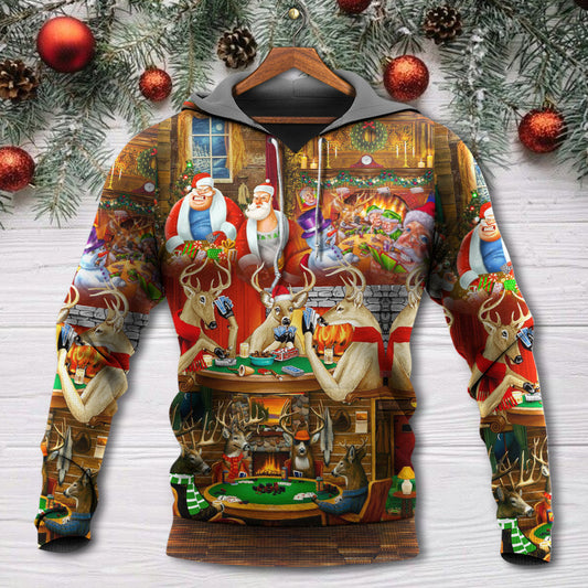 Christmas Poker Santa Friends Game Night Hoodie For Festive Celebrations Seasonal Trips And Relaxed Winter Wear