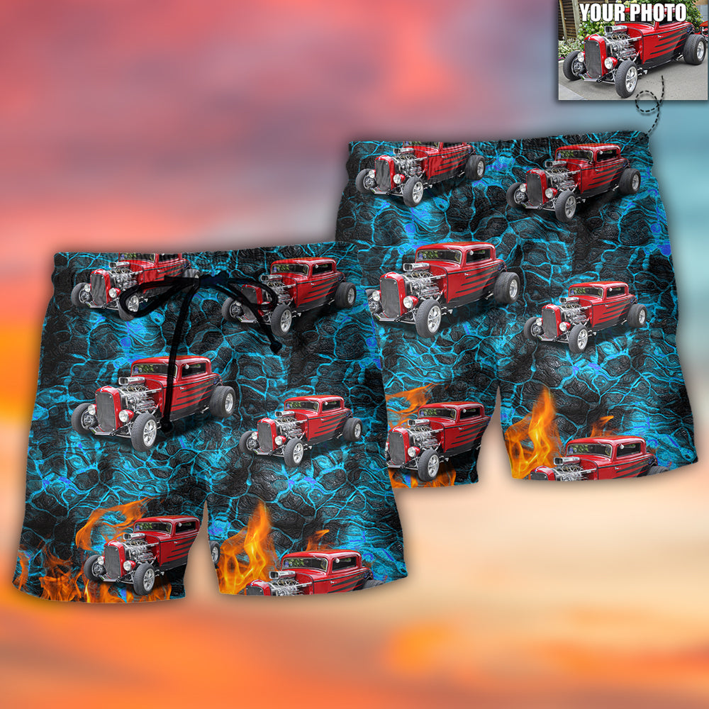 Hot Rod Lover Various Style Personalized Photo Beach Shorts Design View For Comfortable Resort And Beach Styling