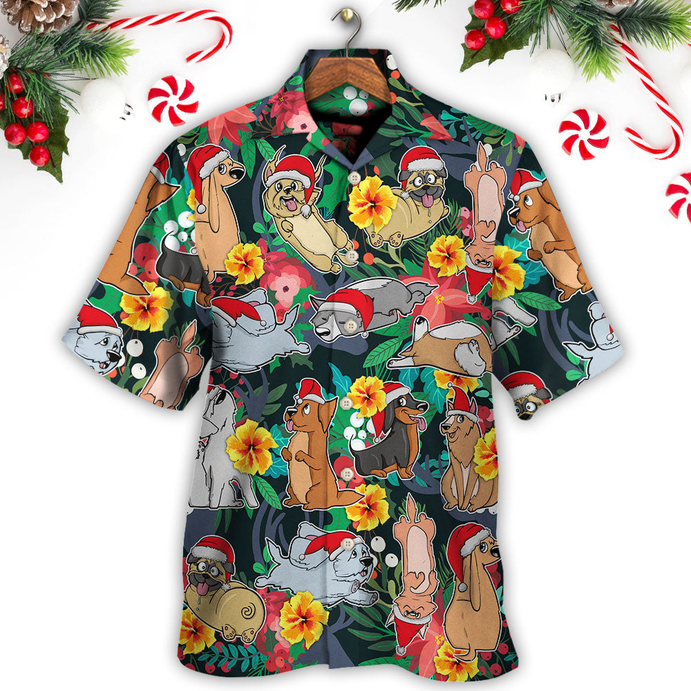 Festive Christmas Dog Santa Hawaiian Shirt Detailed Pattern View For Vacation Style